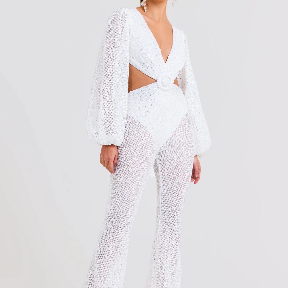 Nadine Merabi White Sequin Jumpsuit Cutout Design - bridal bachelorette cowgirl